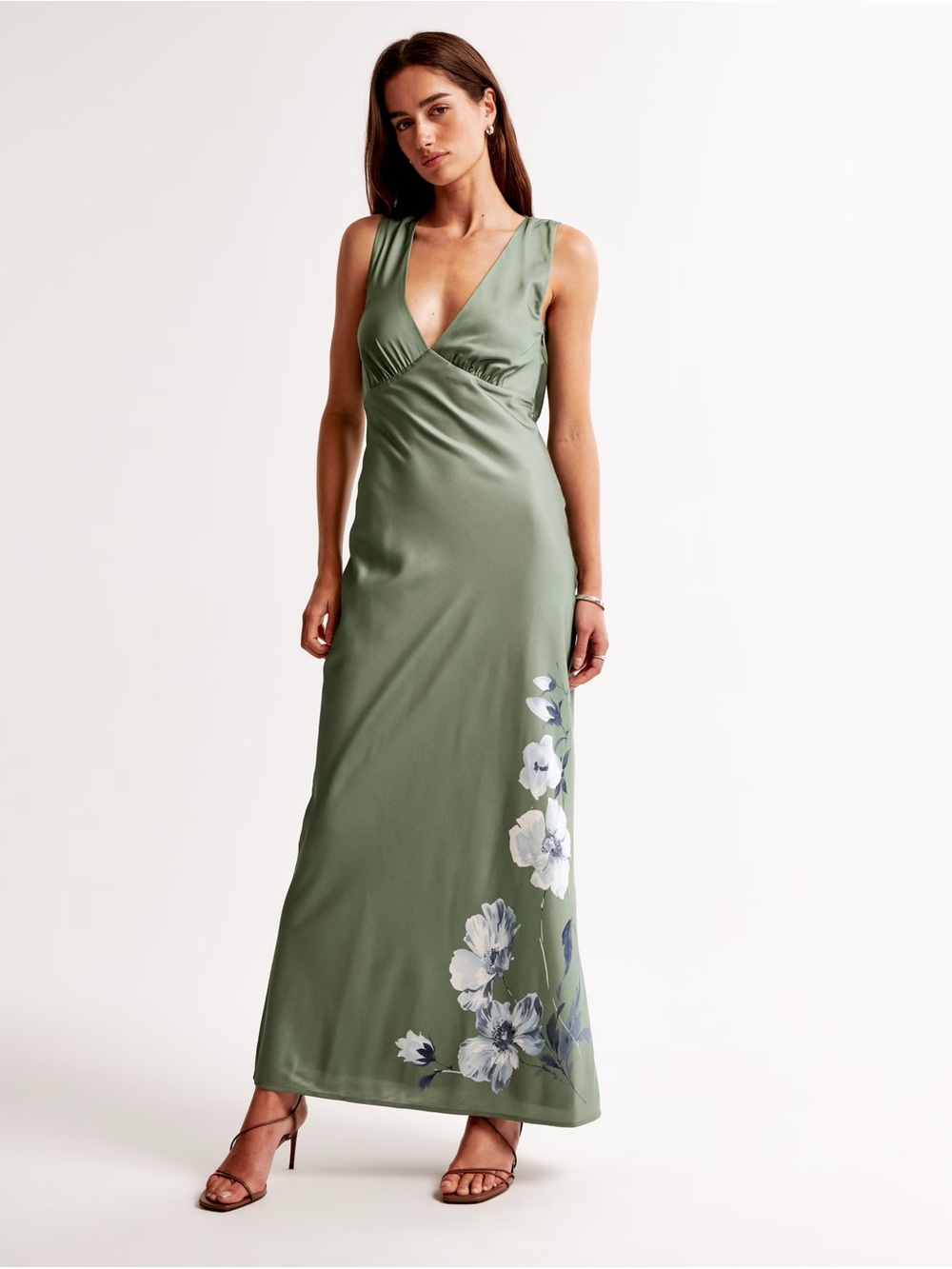 Abercrombie & Fitch Olive Green V‑Neck Floral Maxi Dress